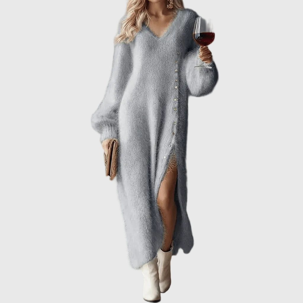 V-Neck Fuzzy Knit Button Side Slit Long Sleeve Maxi Sweater Dress 5