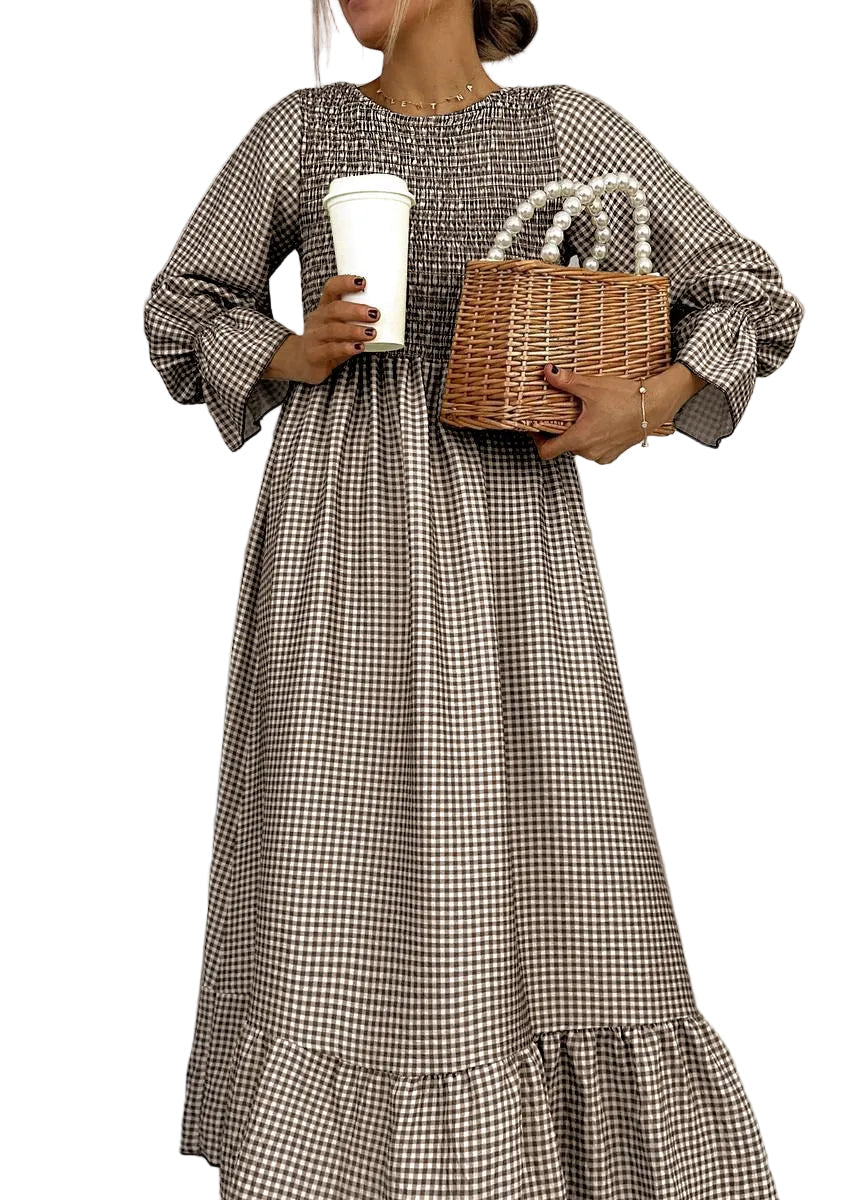 Round Neck Gingham Shirred Bodice Flounce Sleeve A-Line Maxi Dress