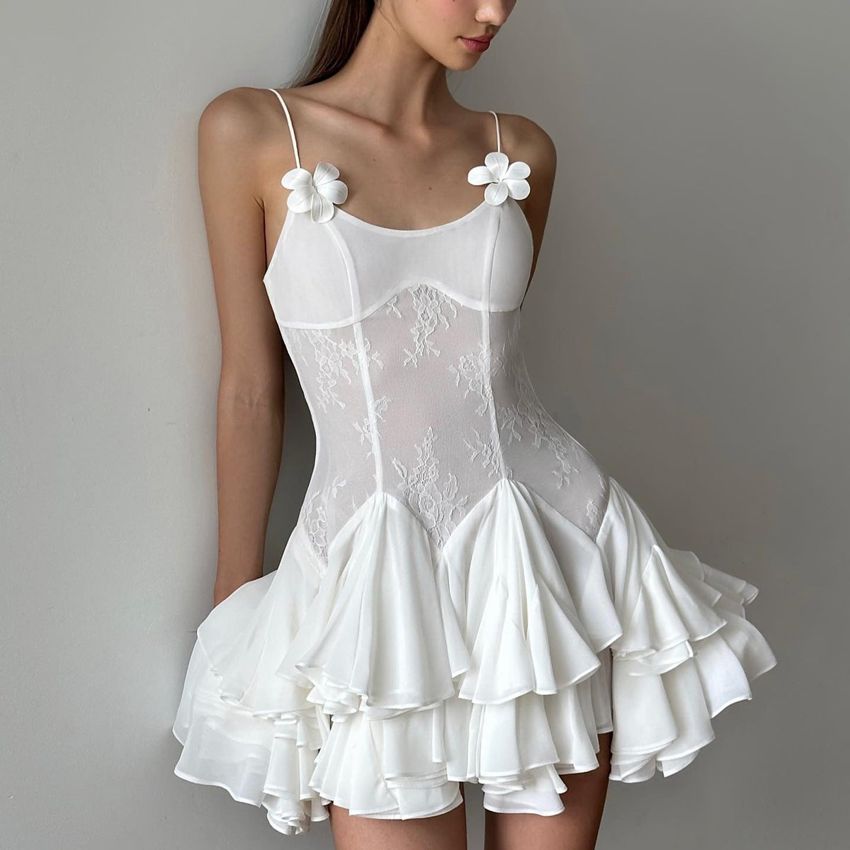 Strappy Floral Applique Lace Tiered Ruffle A-Line Mini Dress 3