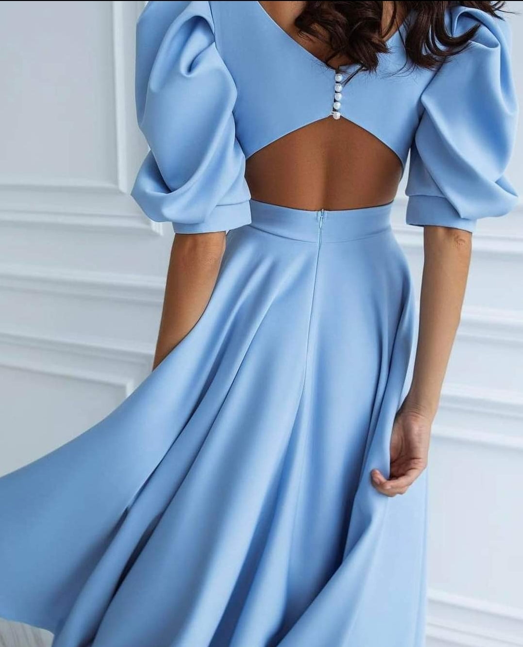 Round Neck Puff Sleeve Flared A-Line Maxi Dress 7
