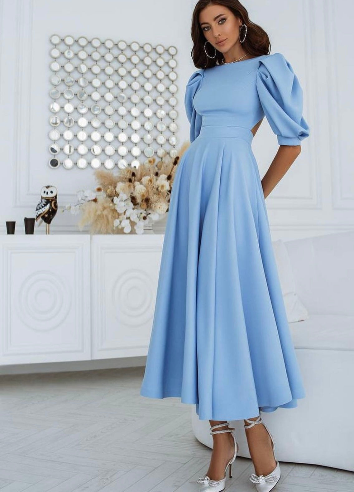 Round Neck Puff Sleeve Flared A-Line Maxi Dress 3