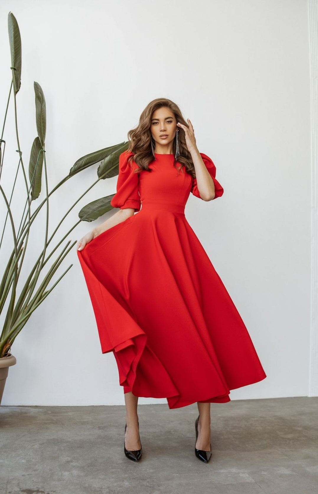 Round Neck Puff Sleeve Flared A-Line Maxi Dress 10