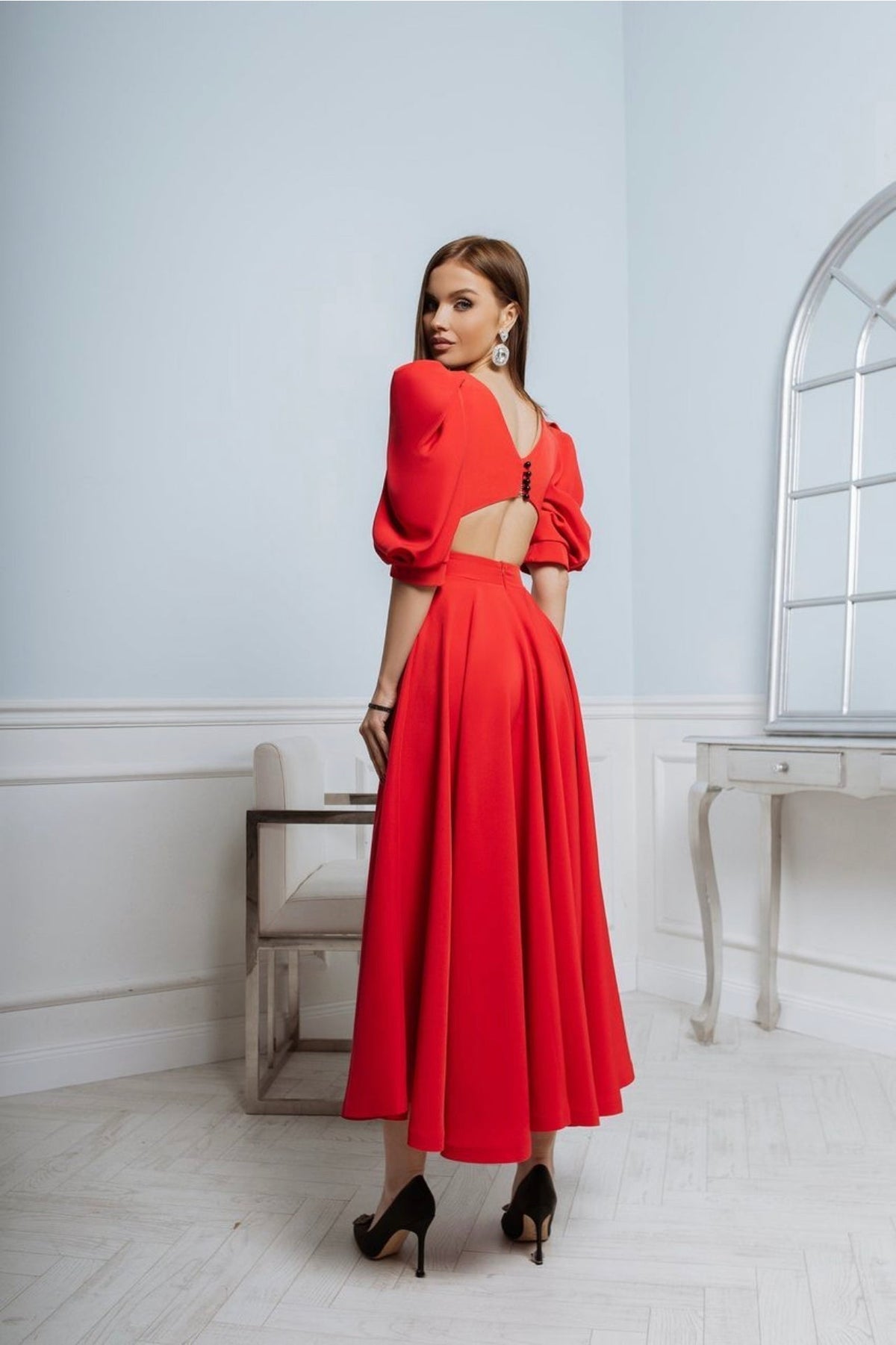 Round Neck Puff Sleeve Flared A-Line Maxi Dress 12