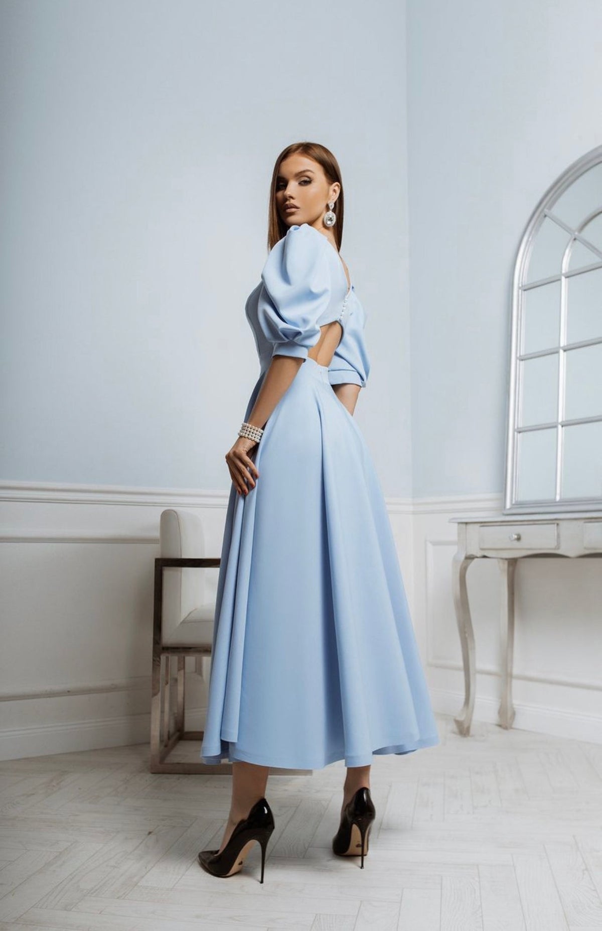 Round Neck Puff Sleeve Flared A-Line Maxi Dress 5