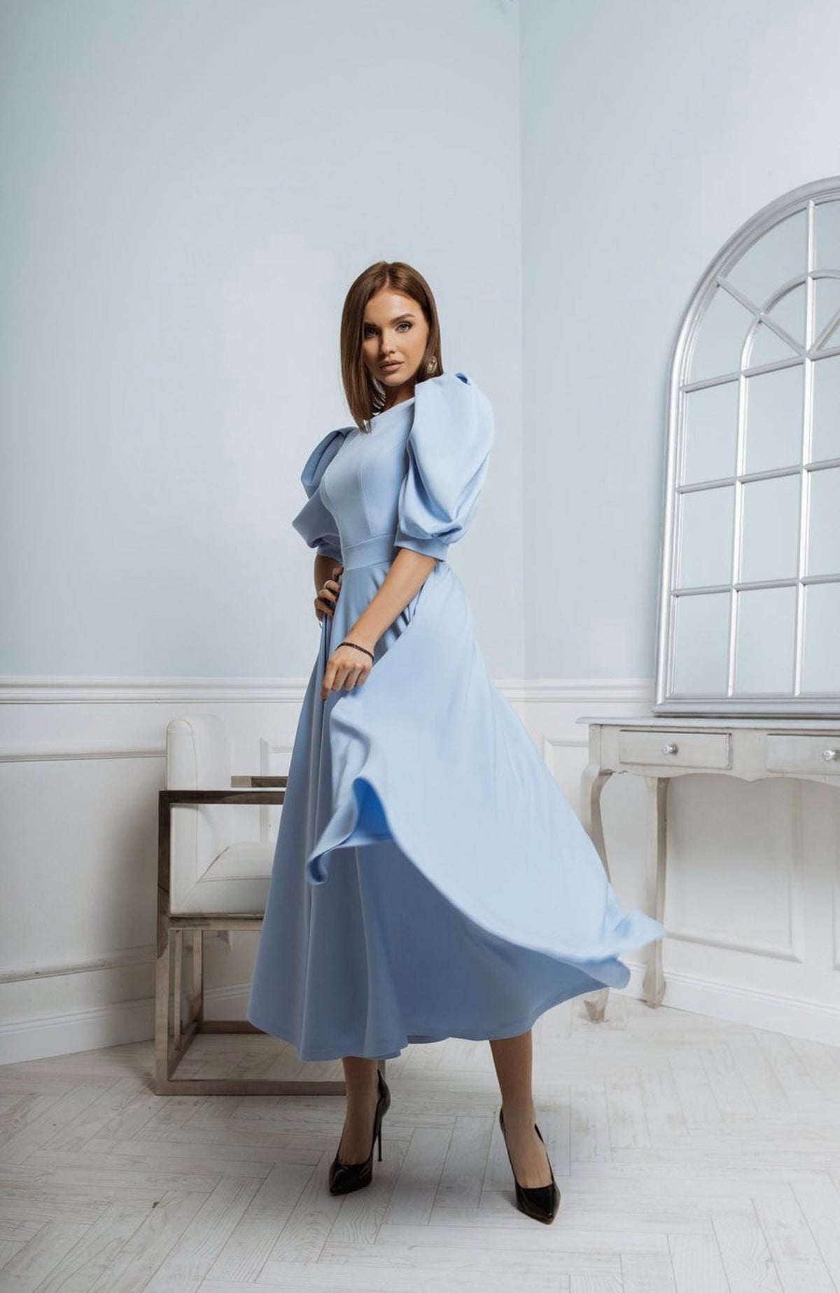 Round Neck Puff Sleeve Flared A-Line Maxi Dress 2