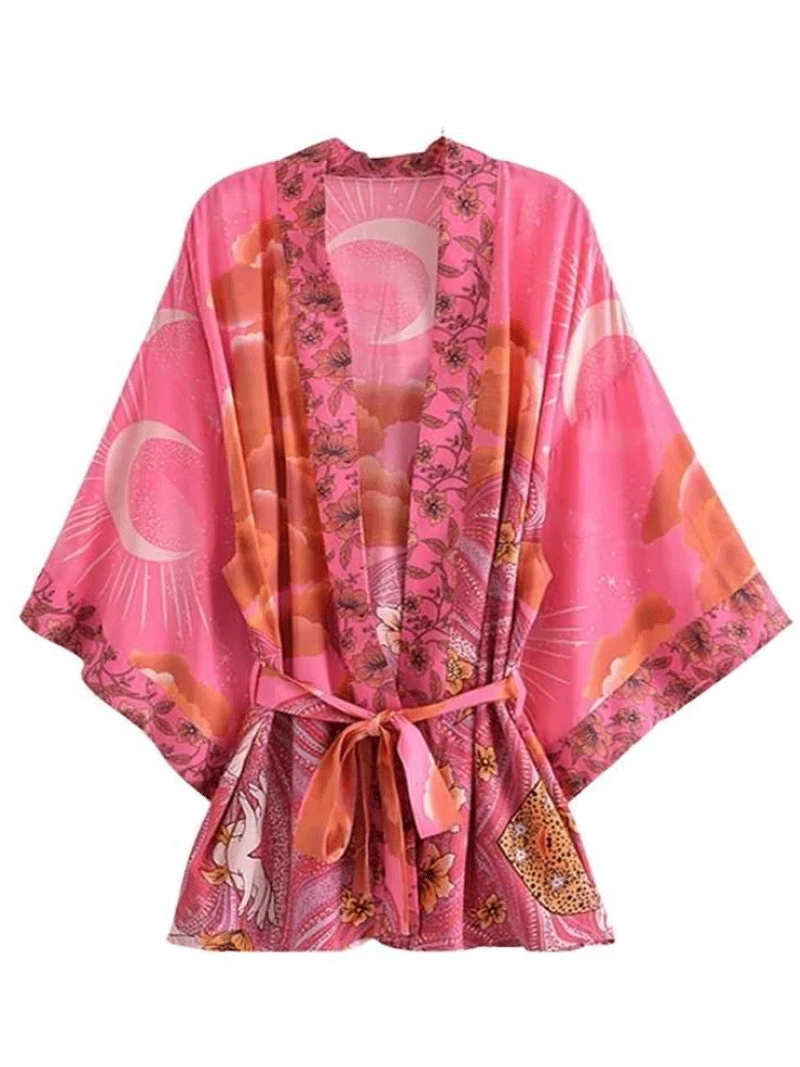 Pink Patchwork Floral Print Tie Waist Long Kimono Robe