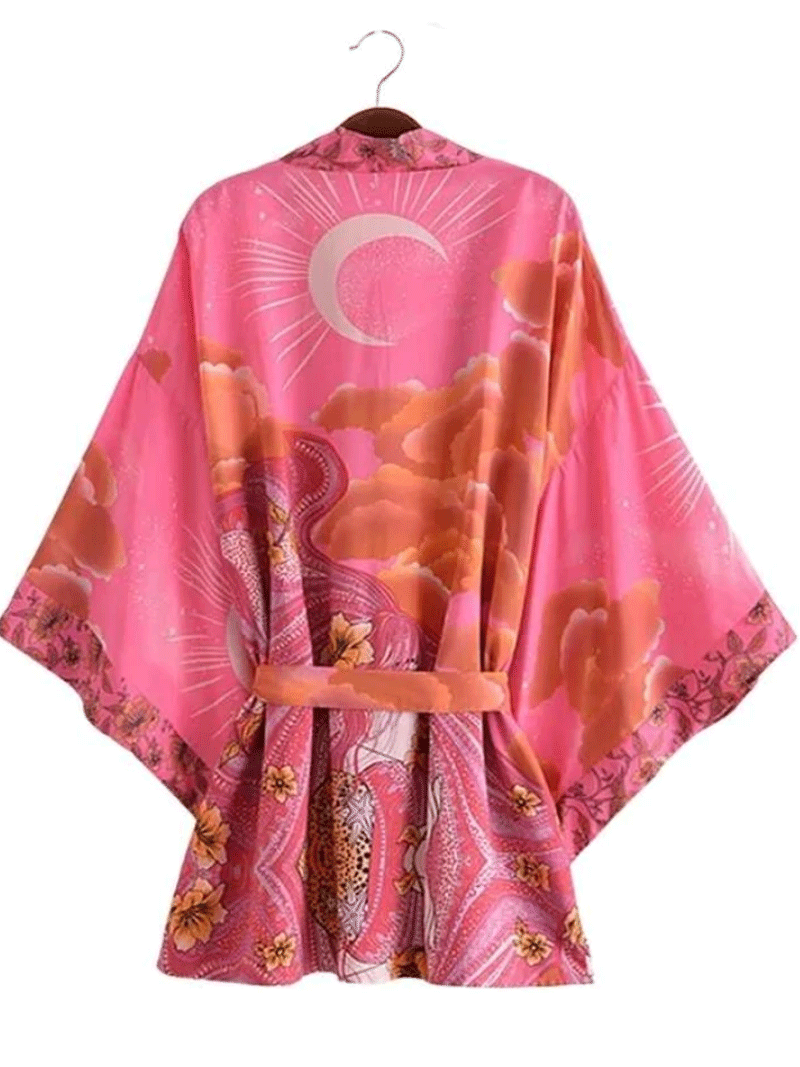 Pink Patchwork Floral Print Tie Waist Long Kimono Robe 2