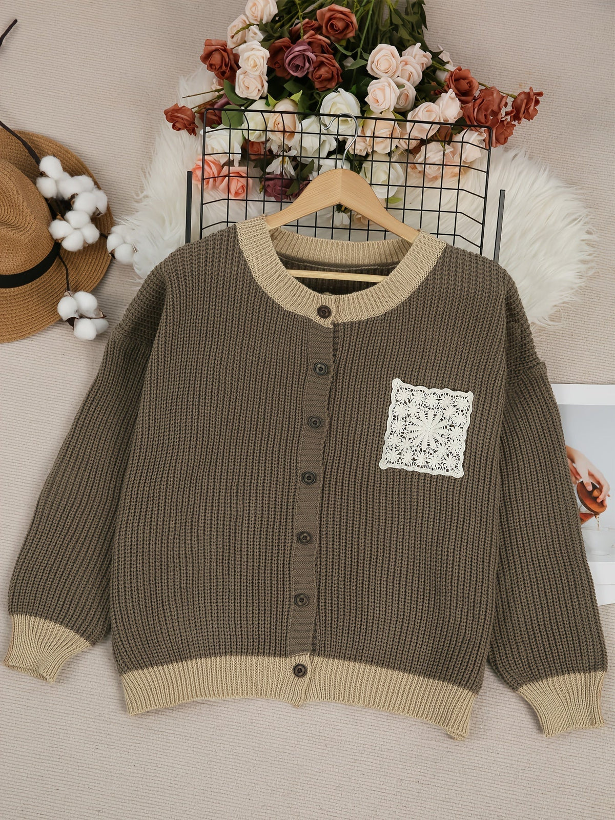 Dark Brown Round Neck Waffle Knit Lace Pocket Button Front Long Sleeve Cardigan