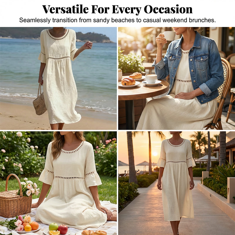 Round Neck Crochet Lace Trim Bell Sleeve Empire Waist Midi Dress 9