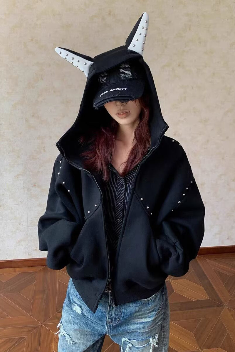 American Panel Rivet Doberman Ear Hoodie