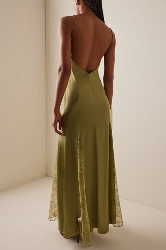 LacePanel VNeck SlimFit Maxi Chic Silk Dress