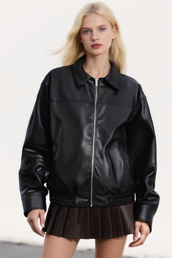 Faux Leather Collared Zip Casual Jacket