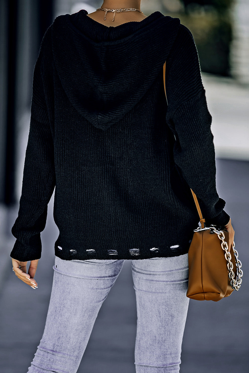 Zip Up Hooded Distressed Drawstring Knit Cardigan