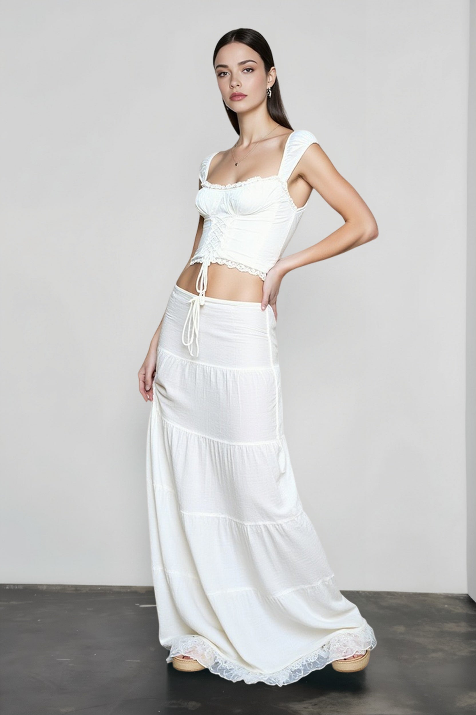 Square neck lace trim camisole vacation set