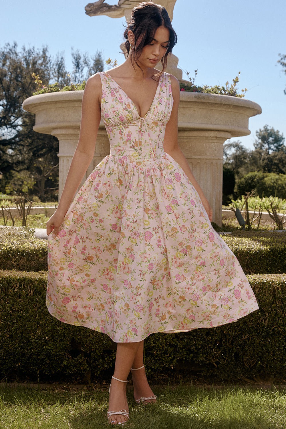 Spaghetti Strap V Neck Fitted Long Floral Dress