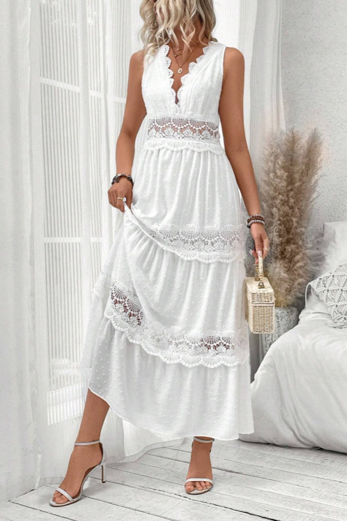 White Deep V Neck Swiss Dot Lace Panel Tiered Maxi Dress 4