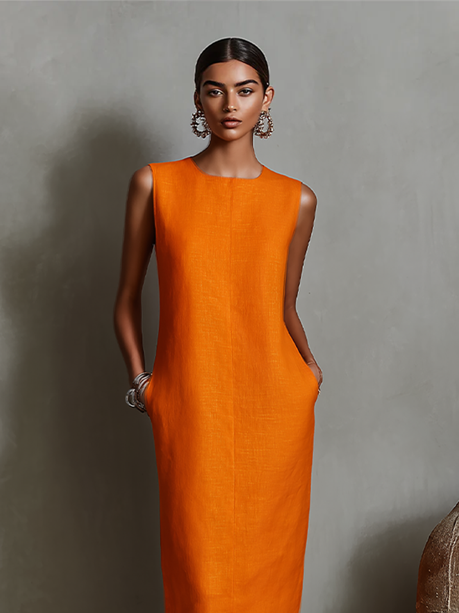 Round Neck Sleeveless Linen Pocket Straight Sheath Midi Dress