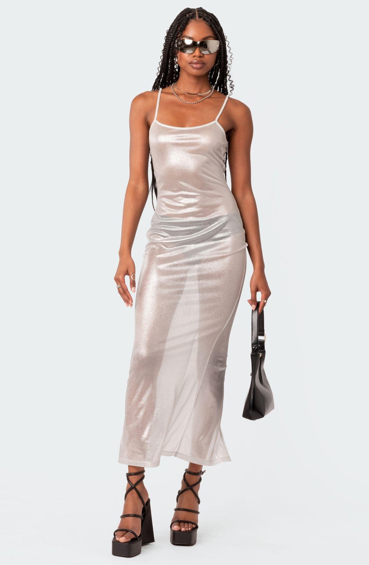 Silver Spaghetti Strap Sheer Metallic Mesh Bodycon Maxi Dress 9