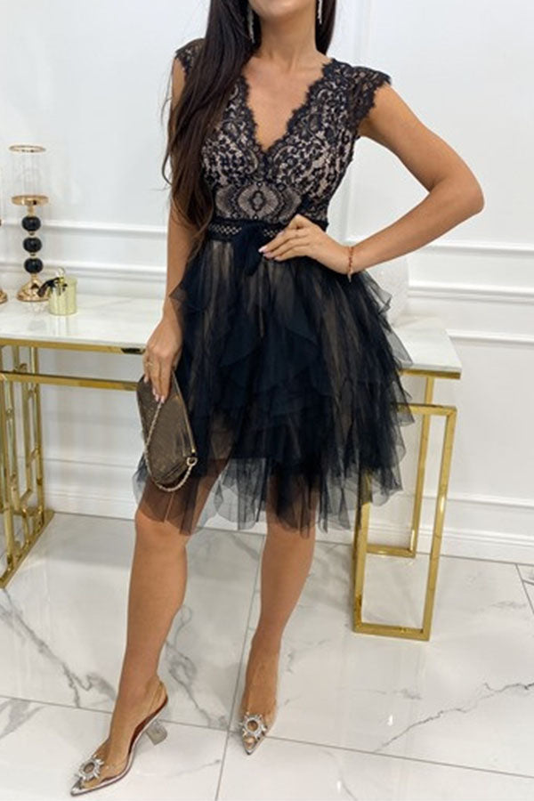Gabriela Timeless Sleeveless Layered Lace Midi Dress with V Neck Evening Wear Edit
