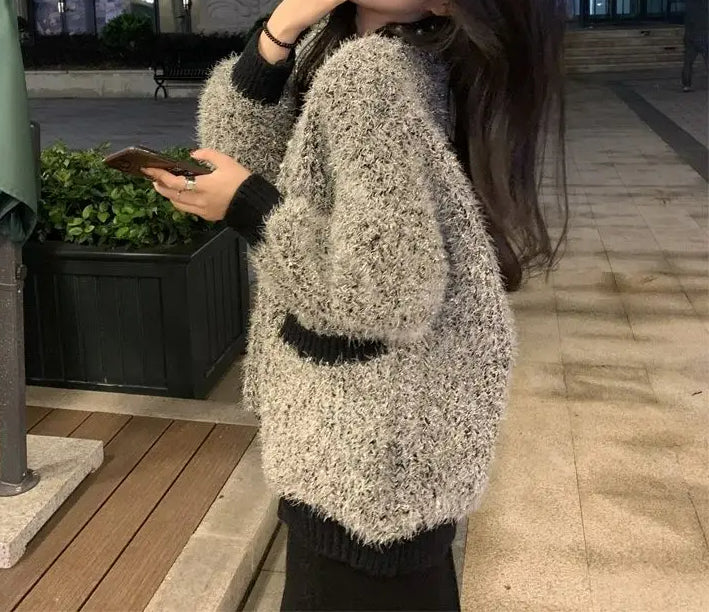 V-neck Fleece Thick Knitting Cardigan