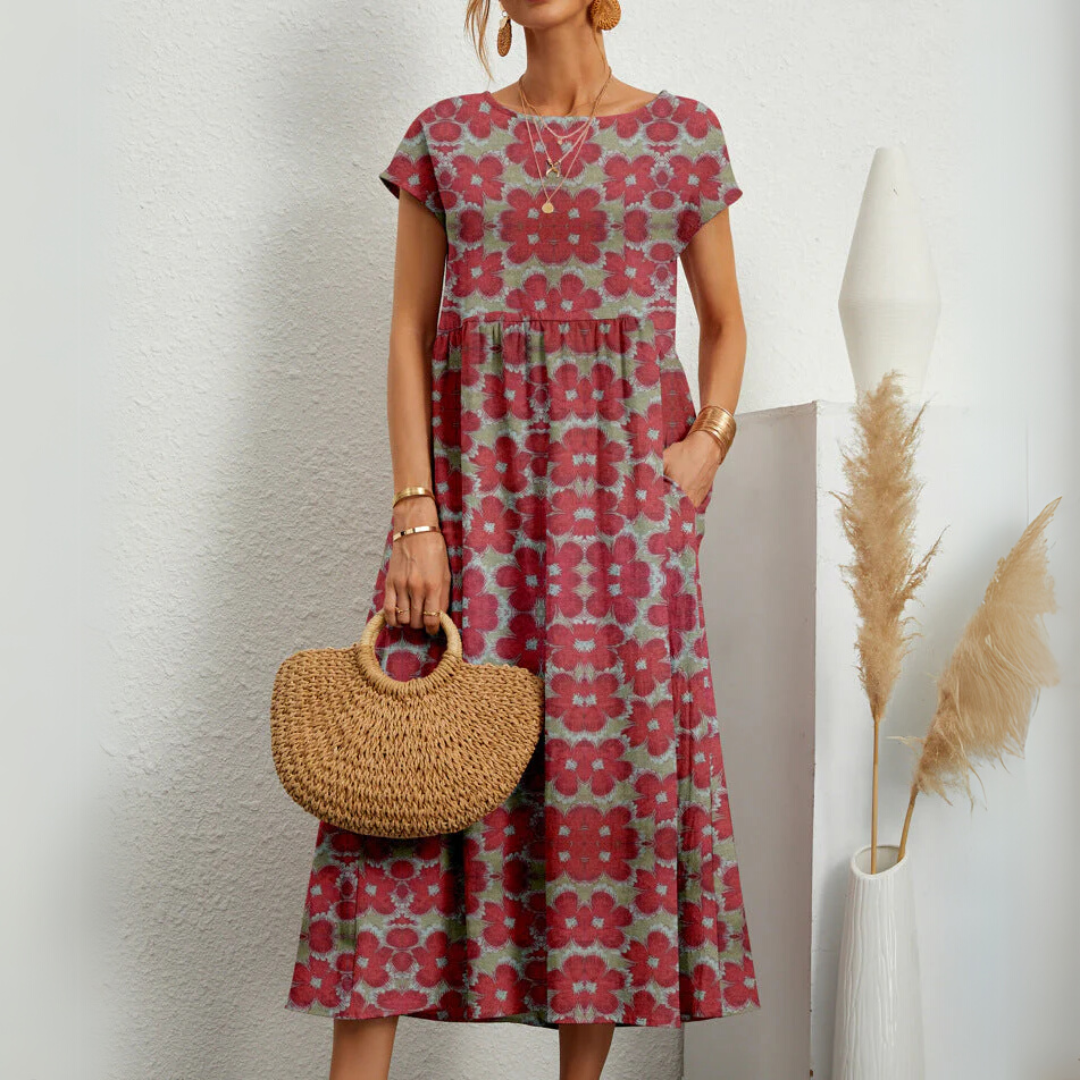 Round Neck Short Sleeve Printed Pocket A-Line Midi Dress 2