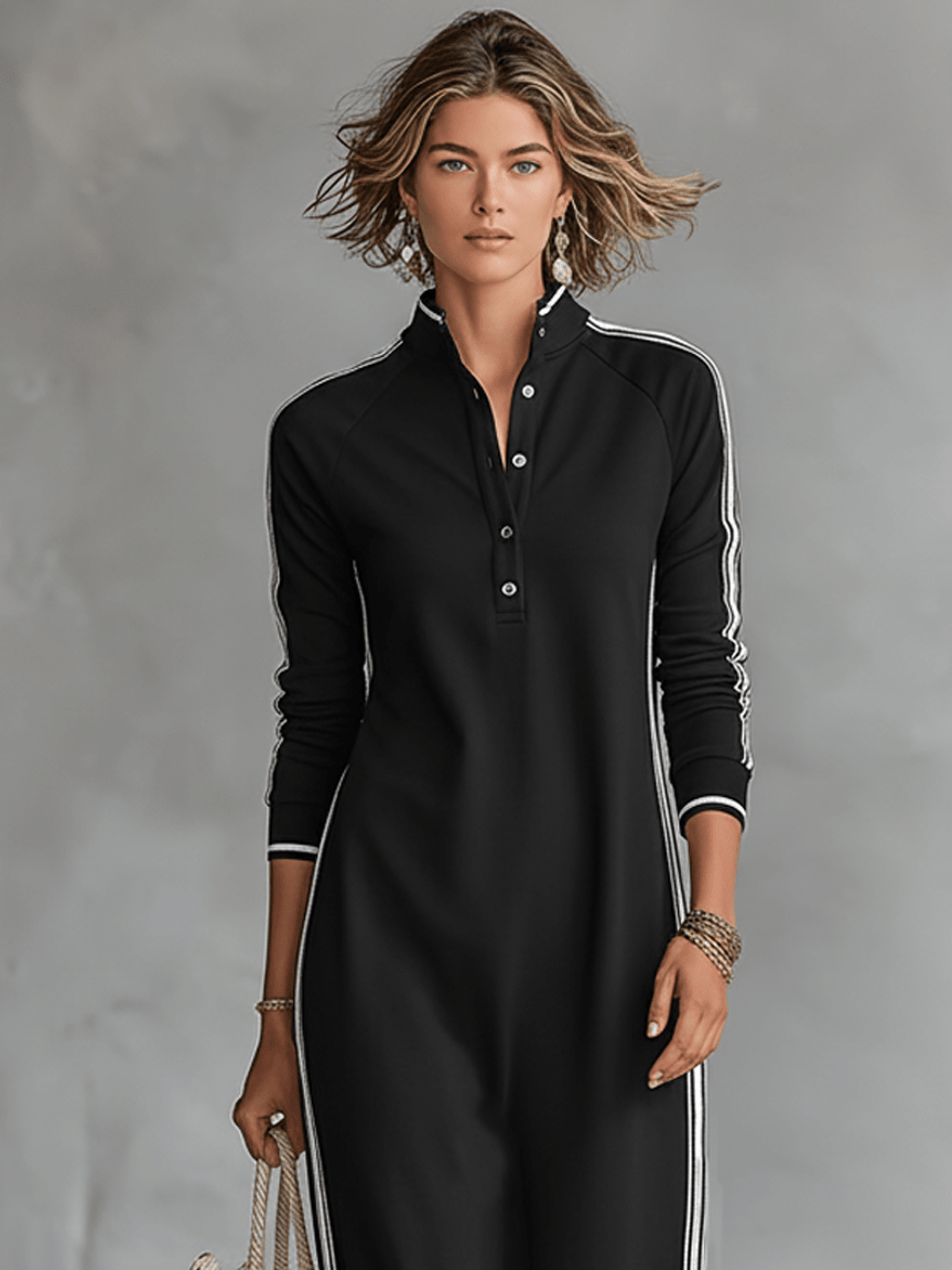 Stand Collar Button Placket Side Stripe Long Sleeve Maxi Dress