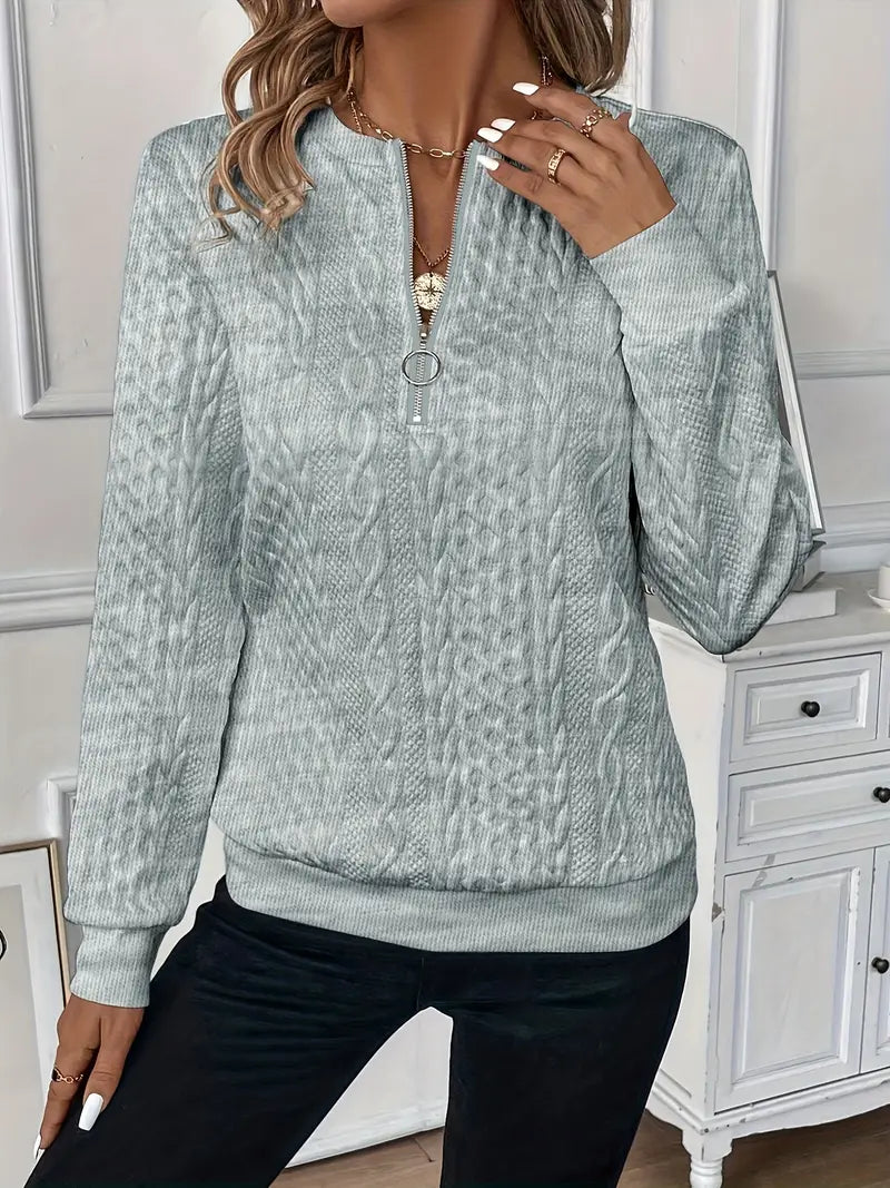 Round Neck Quarter Zip Cable Knit Long Sleeve Sweatshirt 20