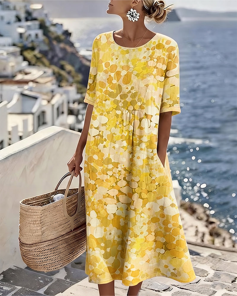 Round Neck Abstract Floral Print Short Sleeve Pocket A-Line Midi Dress 5