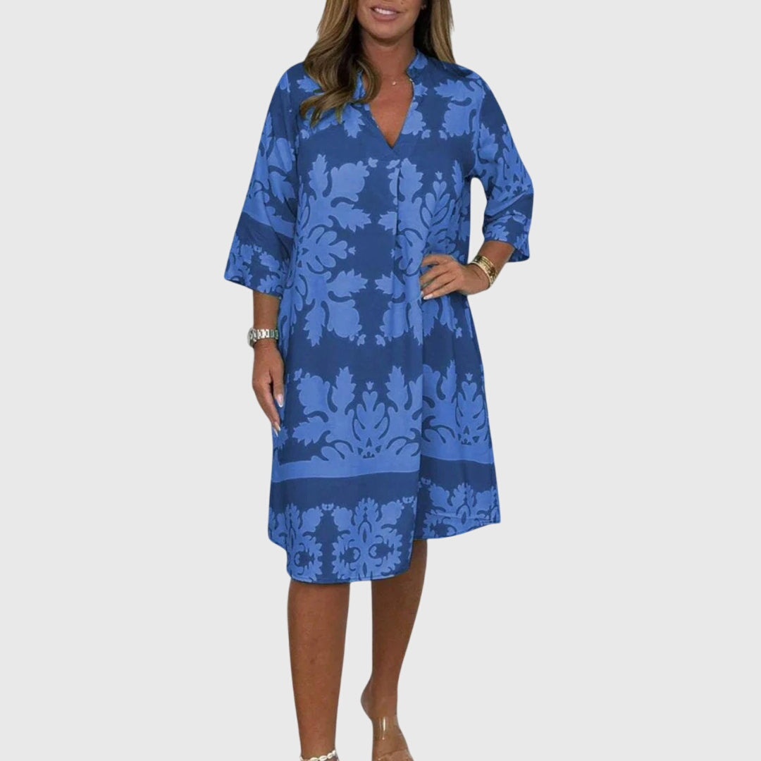 Split Neck Three-Quarter Sleeve Damask Print Shift Midi Dress 3