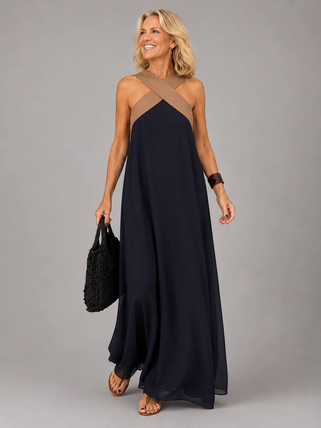 Cross Halter Neck Contrast Sleeveless Chiffon Flowy Maxi Dress