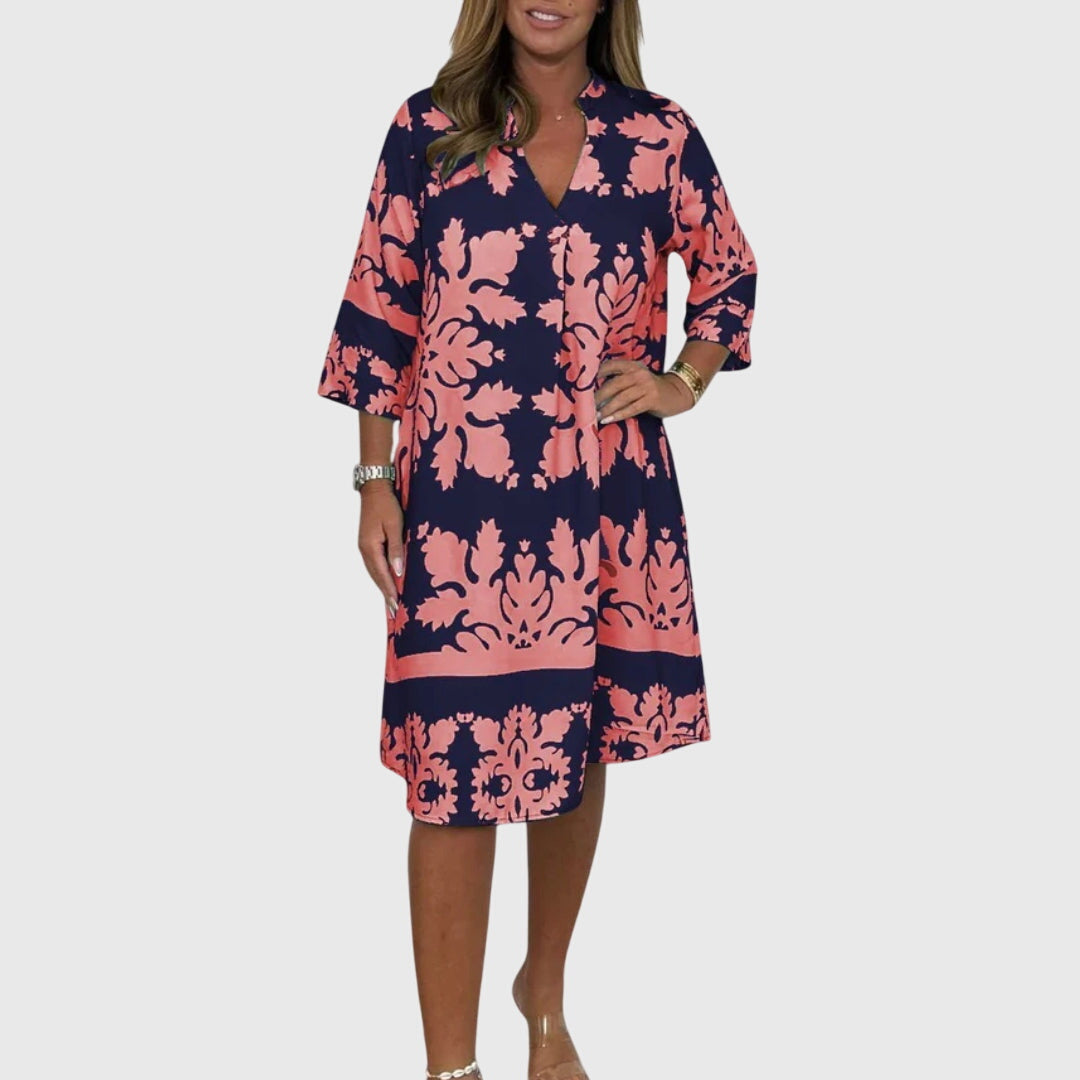 Split Neck Three-Quarter Sleeve Damask Print Shift Midi Dress 7
