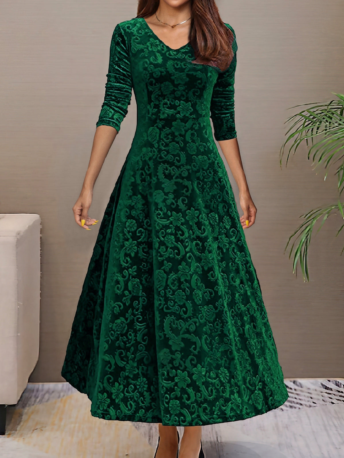 V-Neck Floral Burnout Velvet Long Sleeve A-Line Maxi Dress