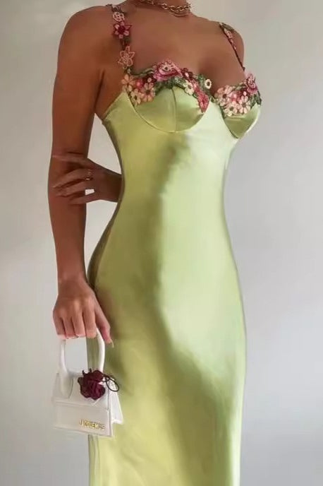 Bodycon Backless Satin LaceTrim Cami Maxi Silk Dress