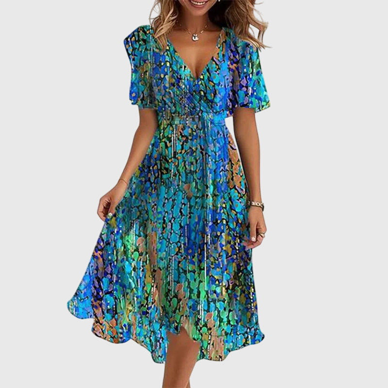 Surplice V-Neck Abstract Watercolor Print Flutter Sleeve Tie Waist Midi Dress