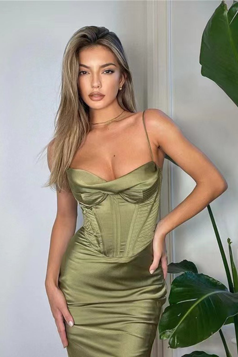 Pleated Satin Bustier Midi Slip Dress