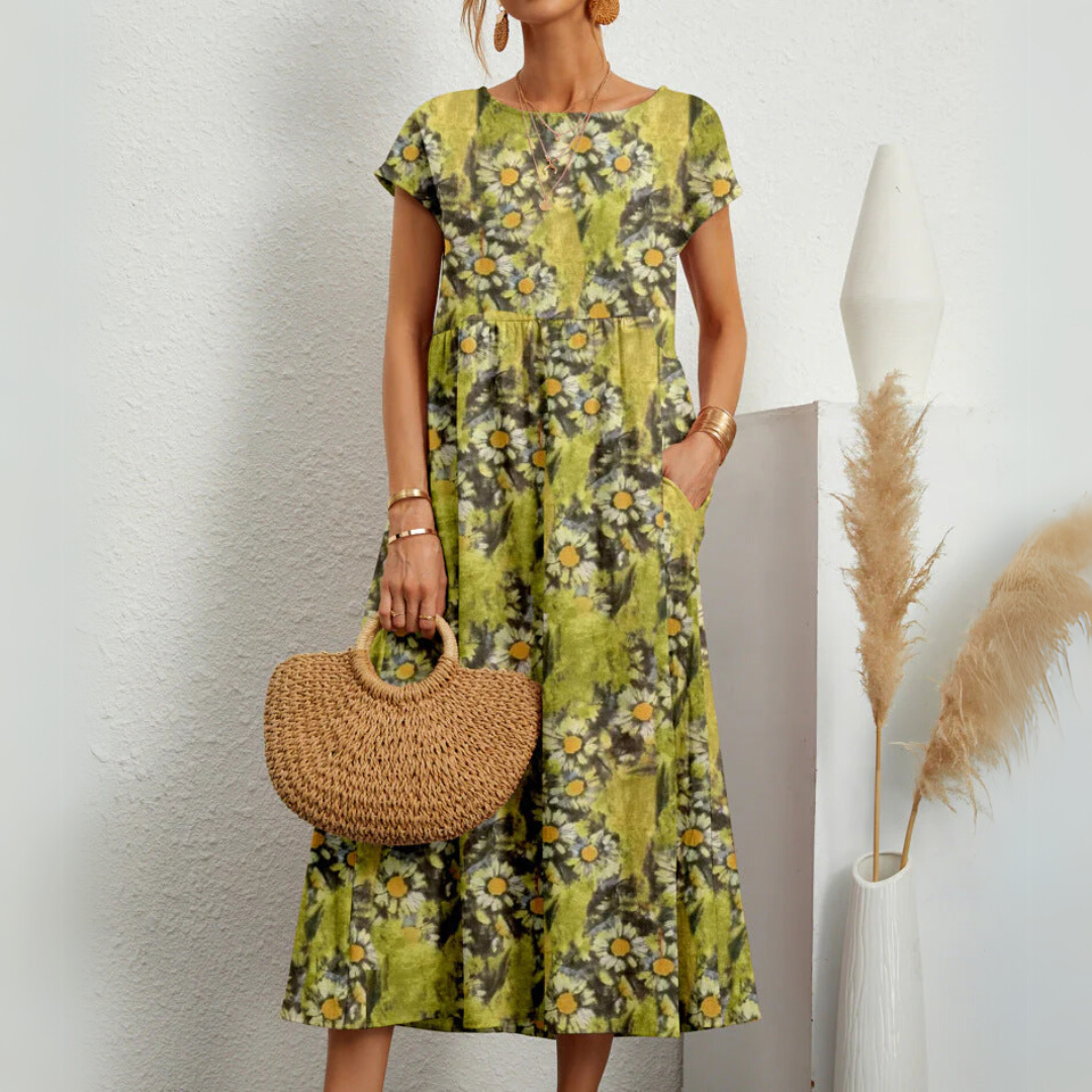 Round Neck Short Sleeve Printed Pocket A-Line Midi Dress 5