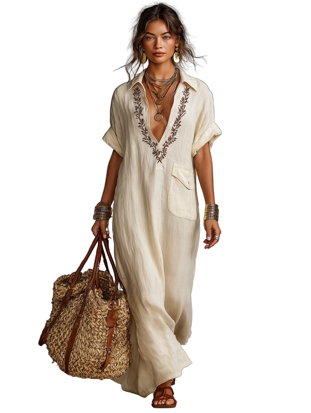 Beige Collared Embroidered V-Neck Linen Short Sleeve Kaftan Maxi Dress