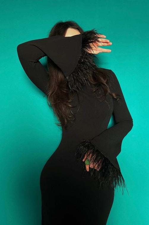 Black Feather Trim Bodycon Maxi Sweater Dress 7