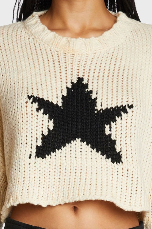 Five-Point Star Crop Crew Neck Knit Sweater