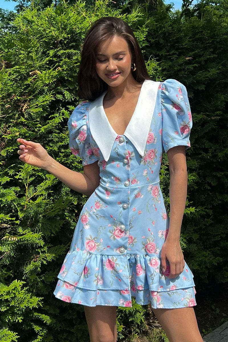 Oversized Collar Puff Sleeve Pearl Button Ruffle Tier Hem Floral Print Mini Dress 6