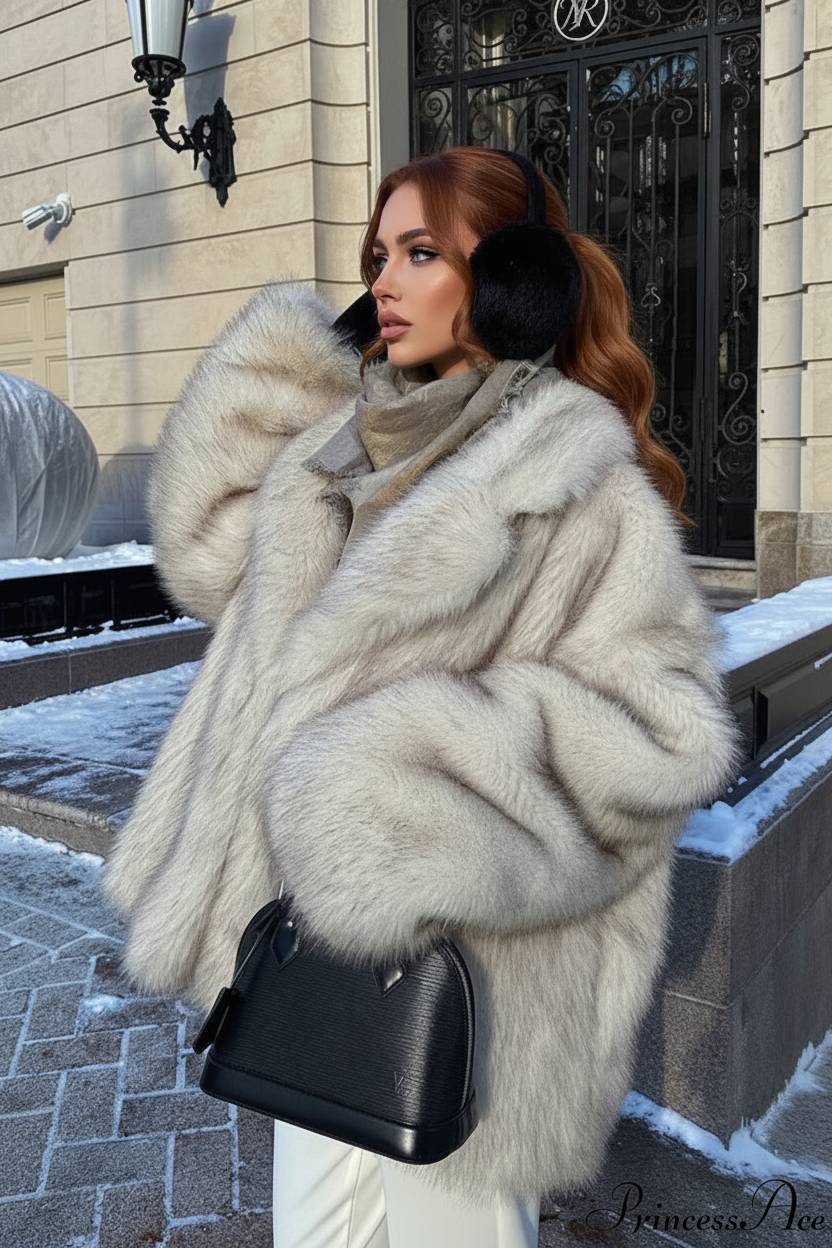 White TipDyed Faux Fox Fur MidLength Coat