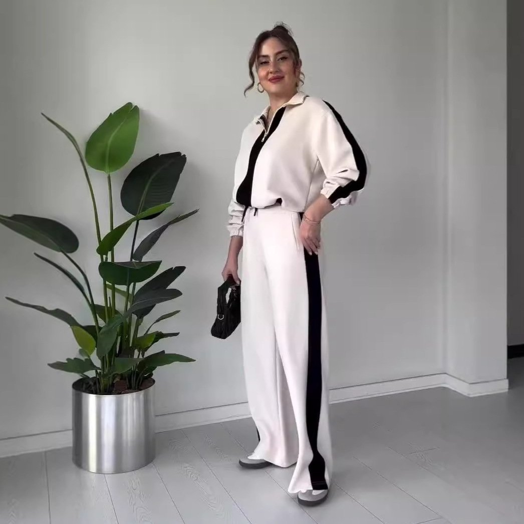 Zipper Lapel Tops & Pants 2-Piece Set