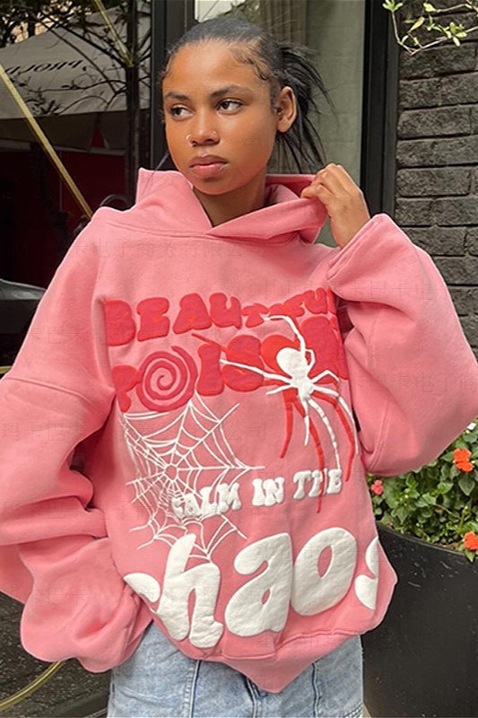 Loose Hip-hop Spider Web Print Hoodie