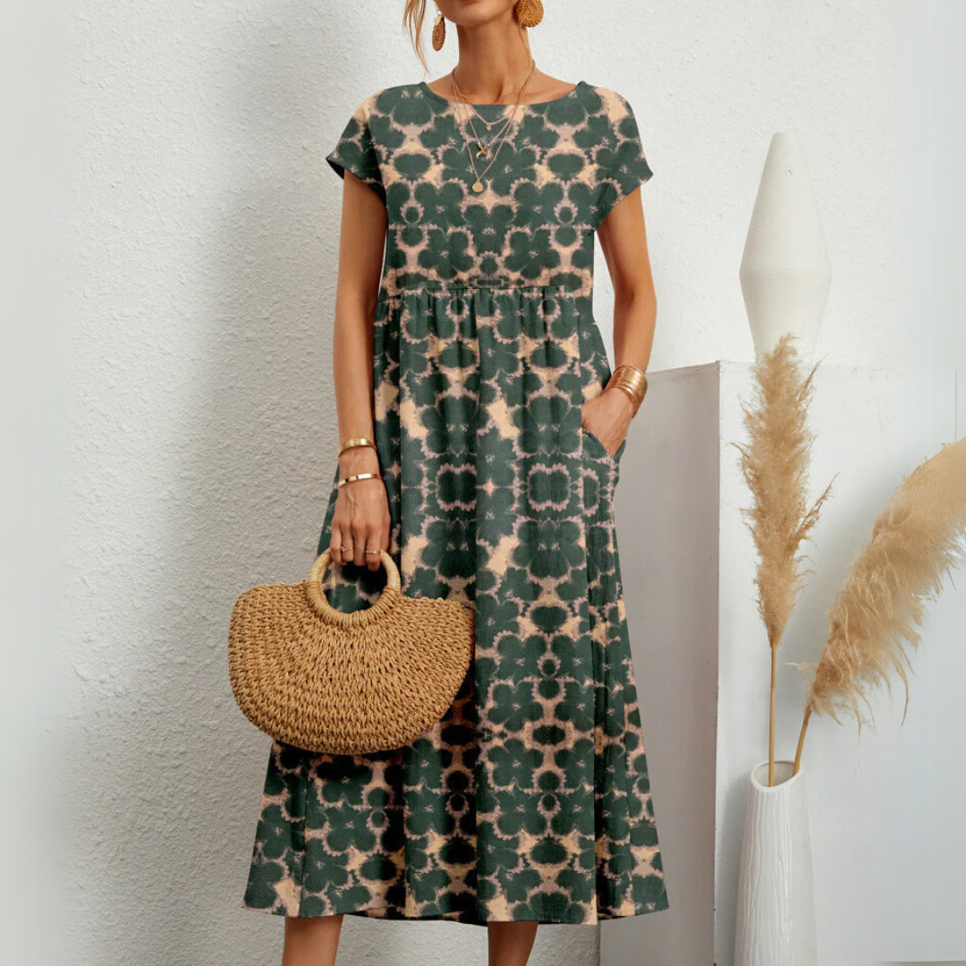 Round Neck Short Sleeve Printed Pocket A-Line Midi Dress