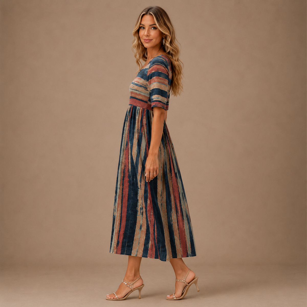 Multicolor Round Neck Abstract Stripe Short Sleeve Empire Waist A-Line Midi Dress 4