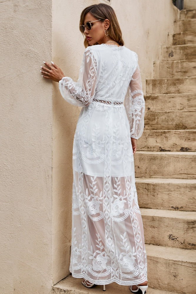 White Deep V Neck Embroidered Mesh Balloon Sleeve Empire Waist Maxi Dress 2