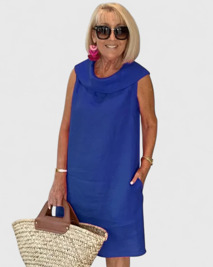 Cowl Neck Sleeveless Linen Shift Midi Dress