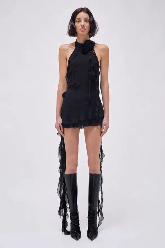 Asymmetric Rosette Applique Halter Mini Dress 3