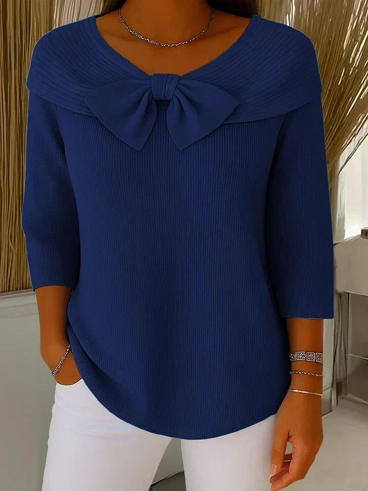 Foldover Collar Bow Front Ribbed Knit Sweater 5