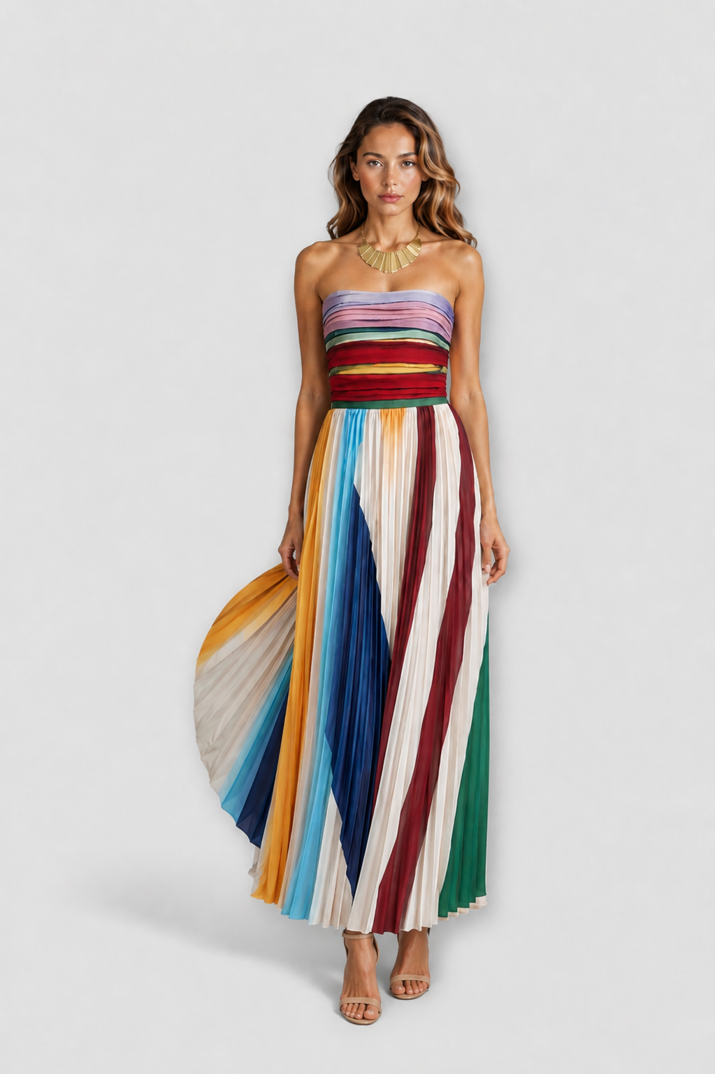Strapless Rainbow Striped Pleated Chiffon A-Line Maxi Dress 3